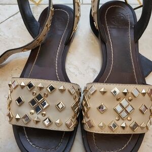 Tory Burch Beige and Gold Studded Sandals